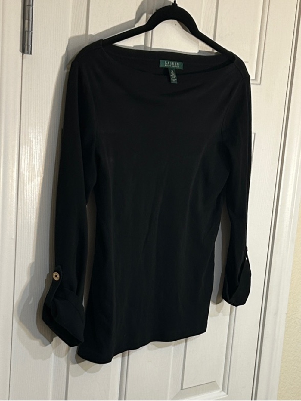 Ralph Lauren Black Boatneck Top with Roll-Tab Sleeves w/ Goldtone Metal Buttons - Picture 5 of 8